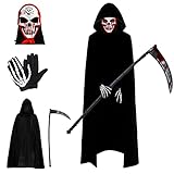 Yi'antai Sensenmann Kostüm Halloween, Halloween Umhang Set mit Maske Handschuhe und Plastiksense, Unisex Cape 140 cm für Halloween Party Dekoration Cosplay
