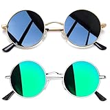 Joopin Retro Sonnenbrille Herren Runde Polarisiert und 90er Hippie Sonnenbrille Vintage Damen Rund Grün Verspiegelt 2 Pack (Silber Grün und Gold Schwarz)