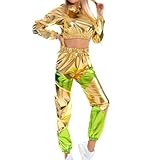 Beokeuioe Disco 70s Kleidung, Kostüm 80er Jahre Trainingsanzug Metallic Jacke und Hose, Hippie Jogginganzug, Bad Taste Party, Karneval, Mottoparty Glitzer Sportsanzug Freizeitanzug