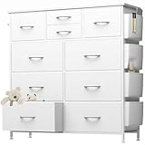 Kommode mit 10 Schubladen, Kommode für Schlafzimmer, PU-Kommode mit Seitentaschen, Haken, Holzplatte und stabilem Metallrahmen für Wohnzimmer, Schrank, Flur (Weiß)