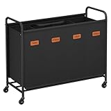 SONGMICS Wäschekorb mit Rollen, Wäschesammler 4 Fächer, 200 L Wäschesortierer, beweglicher Wäschewagen, 5 Etiketten, für Waschküche, Schlafzimmer, Badezimmer, tintenschwarz RLS460B01