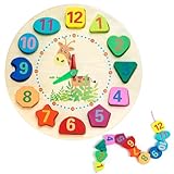 Yesaler Lernuhren Holz Lernuhr Uhr-Spielzeug mit Zahlen Formen und Seil Pädagogisch für Kinder ab 3 Jahren