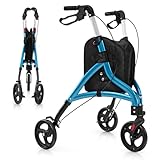 HOMASIS Rollator mit 3 Räder & Bremsen, Reiserollator faltbar & leicht, Gehhilfe 6-fach höhenverstellbar, Aluminium Gehwagen mit Tasche, klappbare Laufhilfe bis zu 136 kg (Blau)