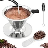 Kaffee-Tropfer zum Übergießen, verbesserter Doppel-Mikro-Mesh-Filter mit Reinigungsbürste und 15 g Messlöffel, Edelstahl, wiederverwendbare Kaffeefilter, Metallkegel-Filterpapiere (3–4 Tassen)