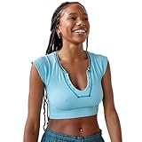 SUSHRUTA Gerippte Tops für Damen, ästhetisches T-Shirt der 2000er Jahre mit V-Ausschnitt, ärmelloses Strick-T-Shirt, gestreiftes T-Shirt Y2k, Sommer-Straßenbekleidung, Blau, Meterware