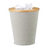 Relaxdays Papierkorb Bambus, runder Abfallkorb mit Inneneimer und magnetisch schließendem Deckel, 35 cm hoch, natur/grau