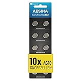 AG10 LR1130 Knopfzelle 10er Pack - 1,5V Alkaline Knopfzellen auslaufsicher & mit Langer Haltbarkeit - LR54 / V10GA / RW49 / G10A / 189 / GP189 / L1130 / 89A - Knopfbatterien Batterien Batterie ABSINA