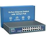 YuanLey 16-Port PoE Switch mit 2 Gigabit Ethernet Uplink, 1 SFP-Port, 250W PoE+ Ports Unterstützung 802.3af/at, Unmanaged Netzwerk Switch mit AI Watchdog, VLAN, 6KV Schutz, Rackmount Plug and Play