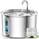 oneisall Katzenbrunnen Edelstahl, 2L Trinkbrunnen für Katze, Super leise Katzen Trinkbrunnen mit Wasserstandsfenster, Wasserbrunnen für Katze, 3 Aktivkohlefilter, Spülmaschinenfest, LED Licht