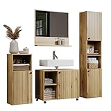 trendteam smart living - PureBliss - Badezimmer Komplettset (WBU + Spiegel 80cm + Standschrank + Hochschrank) - Evoke Eiche - Rillenoptik - Aufbaumaß (BxHxT) 180 x 190 x 40cm - Metallgriffe