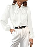 CUPSHE Satin-Hemd-Oberteil für Damen, Fliege, lange Ärmel, glänzend, hoher Halsausschnitt, Arbeit, Freizeit, weiß, L