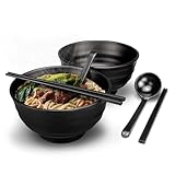 2 Sets (6 Stück) Japanische Ramen Schüssel Set, 35 Unzen große Ramen-Schalen, Rutschfeste Suppe Schale mit Löffel und Essstäbchen, für Pasta, Obst, Nudelsalat, Schwarz