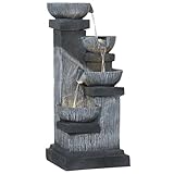 Outsunny Springbrunnen Outdoor aus Kunstharz vierstöckig Gartenbrunnen mit LED Beleuchtung Pumpe Steinoptik Dekorationsbecken Zimmerbrunnen Wasserspiel für Garten Terrasse 38 x 36 x 85 cm Grau