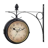 Doppelseitige Uhr Garten Zug Bahnhof Wanduhr mit Halterung Doppelseitige Bahnhofsuhr im Retro-Design,Doppelseitige Uhr, Bahnhofsuhr Vintage, Wanduhr beidseitigem