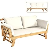 FANTASK Gartenbank aus Akazienholz, Gartensofa mit Liegefunktion, Sonnenliege Gartenliege mit Auflagen und klappbaren Armlehne, Gartencouch für Garten, Terrasse, Balkon, 198 x 75 x 75 cm (Beige)