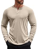 COOFANDY Henley Langarmshirt Herren Longsleeve Freizeit T-Shirt für Männer Einfarbig Basic Shirt mit Knopfleiste Beige L