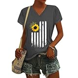 Shirt Damen Sommer V-Ausschnitt Kurzarm Tshirt Sonnenblume Print Lockere T-Shirt Teenager Mädchen Mode Lässige Tee Tops Große Größen Tunika Bluse Leicht Bequeme Sportshirt Longshirt