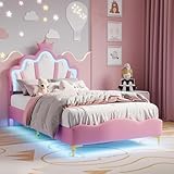 Kinderbett 90x200, Kronen-Prinzessinnenbet mit Höhenverstellbarem LED Kopfteil und Lattenrost, Bett Polsterbett Mädchenbett Rückenlehne Bettgestell, Polsterung aus PU-Leder (Rosa-029, 90x200cm)
