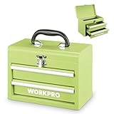 WORKPRO Metall Schubladenbox mit 2 Schubladen & Oberer Stauraum Avocadogrün, 27,5x15x20,8cm Tisch Organizer mit Schubladen & Griff für Büro Umkleidekabine und Schreibtisch, Tragbarer Werkzeugkasten