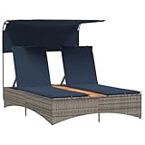 Homgoday Doppel-Sonnenliege mit Dach und Kissen Grau Poly Rattan Loungesessel Gartenm?Bel Model365624