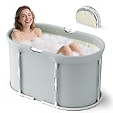 Faltbare Badewanne für Dusche, 92L x57W x 56H cm, freistehende Badewanne mit Sitz, Warmwasserdusche, Eisbad, Sauna, Massagewanne, tragbares Eisbad für Erwachsene (Grau weiß, Oval– mittel)