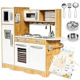 Mamabrum, Babyspielzeug Spielküche mit LED-Blitzsystem, Kinderspielzeug aus Holz, Rollenspielküchenzubehör inklusive Rollenspielküche für Kinder, Kleines Küchenchef-Spielset, Naturholz/Grau