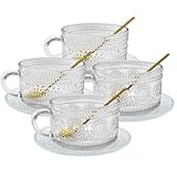 TEXIJUSO 4 Stücke Gläser Kaffeetassen Set, Groß Teegläser mit Henkel 4 Glas Unterteller 4 Löffel, Kristallgläser Glastassen mit Untertasse für Cappuccino, Tee, Latte, Milch, Macchiato, Eiskaffee