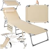 tectake® Sonnenliege klappbar, tragbar, Liege mit Seitentasche, Strandliege, Gartenliege mit Dach, Liegestuhl mit Verstellbarer Rückenlehne, inkl. Kopfkissen - für Balkon, Terrasse, Camping - beige
