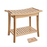 HOCSOK Sitzhocker aus Bambus Sitzbank Bad Duschhocker Wasserfest Rutschfester 2 Etagen, für Zuhause, Badezimmer, Garten, Balkon 60 x 33 x 46 cm, Badezimmermöbel, Natur, mit Seifenschale