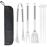 Grillbesteck Set Werkzeug-Set, 7-teilig BBQ Grill Werkzeuge Zubehör, Grillgabel, Grillklammern, Spatel, Grillstäbchen, Edelstahl BBQ Grillen Kochwerkzeug mit Tragetasche für Garten und Camping