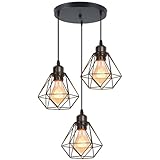 TOKIUS Pendelleuchte 3-flammig Vintage Industrial Hängelampe mit Geometrischem Design E27 Lampe aus Eisen Käfig Lampenschirm Schwarz Hängeleuchte für Esstisch Küche (Pendellampe, Rondell)