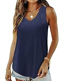 WNEEDU Damen Tanktop Sommer Basic - Ärmellos Oberteile V-Ausschnitt T Shirt Top Cami Bluse(Blau XL)