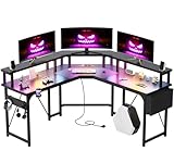 Devoko Groß LED Gaming Tisch 153x153 cm, Gaming Schreibtisch mit Monitorständer, PC Tisch Gaming Eckschreibtisch mit Steckdosen und USB, L Form Computertisch mit Seitentasche,Mattes Schwarz