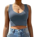 Vertvie Sport BH Damen Longline Ohne Polster Crop Tank Top Bustier Breite Träger Yoga Bra Ohne Bügel Bequem Basic Ripped BH Ärmellose Oberteile Bauchfrei für Alltag(Blau,L)