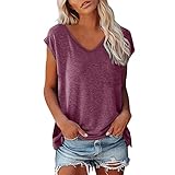 Frauen Cap Sleeve Sommer Casual Tops V-Ausschnitt Einfarbig Casual Shirts Loose Fit Bluse (Red, L)