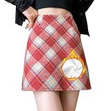 Onsoyours Karierter Minirock Damen Casual Fleece Rock Kurz Winterrock Bleistiftrock Herbst Winter Mini Skirt A06 Rot XS