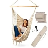 BELLAMATILDA® Hängesessel inkl 3 Kissen, Zubehör mit Seil & Haken - Outdoor & Indoor XXL Hängeschaukel für Erwachsene & Kinder - Hängesitz/Hängestuhl bis 150kg für Garten, Wohnzimmer, Balkon (Beige)