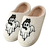 Generisch Halloween-Hausschuhe Damen Herren Cartoon Drucke Plüsch Hausschlappen Breite Füße Schlafzimmer-Hausschuhe Weiche Flach Sohle Hauspantoffeln Warme Baumwolle Slippers