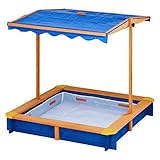 Teamson Kids Großer Garten Sandkasten aus Holz mit Deckel, Drehbarem Baldachin und Verstellbarer Höhe, Draussen Sandkasten Spielzeug mit Abdeckung für Jungen und Mädchen