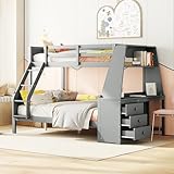 Wuudi 90 * 200cm140*200cm Etagenbett, Kinderbett, ausgestattet mit Tisch, großer Stauraum, hohes Geländer, grau