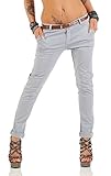 Fashion4Young Damen Skinny Chino Pant Hautenge Treggings Stretch-Stoff Damenhose mit Gürtel (L=40, 11206-grau)