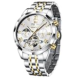 OLEVS Herren-Automatikuhr, Skelett, Mondphase, Zifferblatt, luxuriöses Kleid, Edelstahlarmband, 5 Zeiger, Diamanten, Herren-Armbanduhren, Luxus-Uhr: Weiß