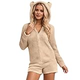 Generisch Damen Jumpsuit Teddy Fleece Overall Kurz Pyjamahose Langarm Einteiler Flauschig Schlafoveralls Winter Warm Schlafanzug mit Kapuze Reißverschluss Kuschelig Fleece Hausanzug