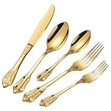 Bafnsiji 5-teiliges Besteckset aus Edelstahl, goldenes Besteckset, Edelstahlmesser- und Gabelsets, Vintage-inspiriertes graviertes Design-Geschirr mit Gabeln/Löffeln/Messern