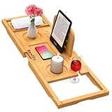 Bambus Badewannenablage Ausziehbar | Badewannenbrett | Badewannen Ablagen, mit Buchstütze, Glashalter