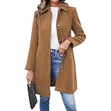 Damen Einreihiger Langer Wintermantel mit Taschen Trenchcoat Langes Revers Outwear Warme Wollmischung Mantel, Braun, Small