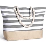 sprecenk Strandtasche Damen Große Sommertaschen, Wasserdicht Familie Einkaufstasche Beach Tote Bag Schulterhandtaschen mit Reißverschluss für Strand Reisen Fitnessstudio Einkaufen, Hellgrau