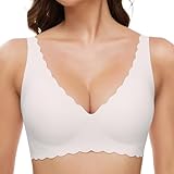 GXOULRRA Komfort Tief V BH Damen ohne Bügel Nahtloser Bügelloser BHS Klassische Soft Bustier Seamless T Shirt Bequem Bralette mit zusätzlicher Weiß L