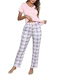 Litherday Schlafanzug Damen Baumwolle Pyjamas Set Kurzarm Nachtwäsche Set Zweiteiliger mit Lang Pyjamahose und Shirt Casual Elastischer Bund Sleepwear
