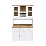 Azkoeesy Küchenschrank Highboard 94,5x40x175,5 cm, mit Glasvitrine/Weinregal/Arbeitsplatte/ 3 Schubladen&Türen/Goldene Griffe -MDF, weiß und Holzmaserung